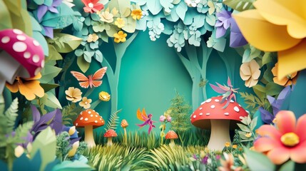 Enchanting 3D Paper Craft Whimsical Forest with Fairies - Vibrant and Colorful Fantasy Scene