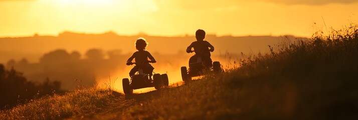 
Two children riding homemade go-karts down a steep hill, their silhouettes speeding past. The golden light of the sunset reflects off their makeshift vehicles, with the open countryside stretching