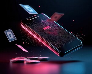 Wall Mural - Neon digital wallet with flying bills and coins, advertising fast and secure transactions