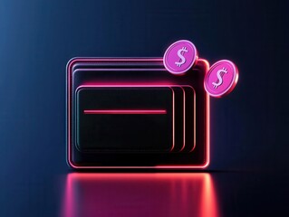 Wall Mural - Futuristic digital wallet with floating coins, neon interface showcasing secure transactions