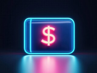 Wall Mural - Neon wallet icon glowing with money transfer symbols, promoting fast and secure online payments