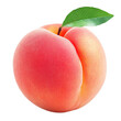 © Korpchai - Fresh, ripe peach with a green leaf, showcasing its smooth surface and vibrant colors, perfect for summer recipes and healthy snacks.
