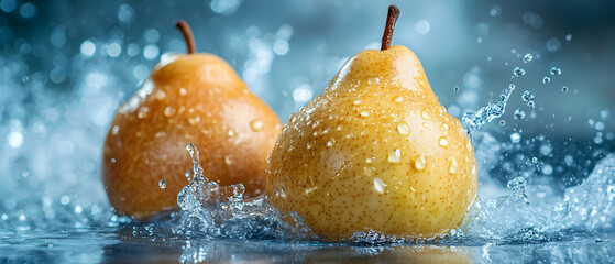 Fresh pears splashing in water, showcasing vibrant colors and textures, perfect for healthy food and nature themes.