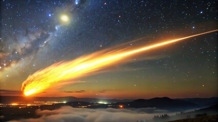 Wall Mural - A fiery comet streaking across a starry night sky above distant mountains