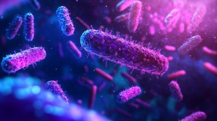 Fototapete - This visual showcases bacteria displaying vibrant colors floating in a dynamic environment, illuminated by various shades of purple and blue, highlighting intricate details of their structure.