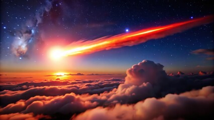 Wall Mural - A fiery meteor streaks across the sky, illuminating a sea of clouds beneath a starry night.