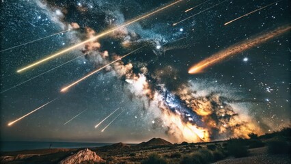 A Starry Night Sky with Multiple Shooting Stars and the Milky Way Galaxy