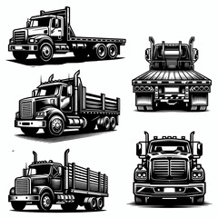 Flatbed truck vector illustration set, transportation truck clip art element design logo icon symbol bundle