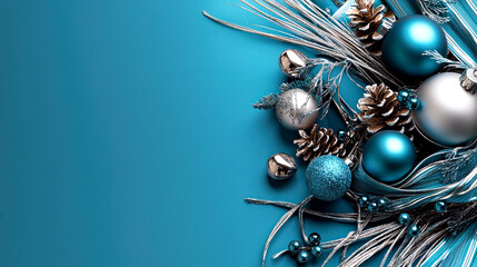 Blue silver Christmas ornaments decorations pine cones, winter celebration seasonal decor, holiday shiny metallic stylish balls, sparkle glossy vibrant elegance