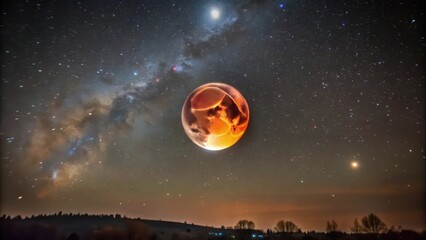 Wall Mural - A fiery red moon with a star-filled night sky and a glimpse of the milky way