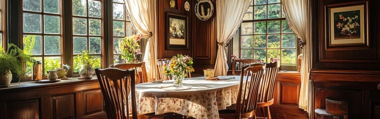 Wall Mural - A cozy dining area with wooden decor, sunlight, and floral arrangements for gatherings.