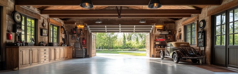 Poster - A spacious garage with vintage car, wooden cabinets, and large windows opening to nature.