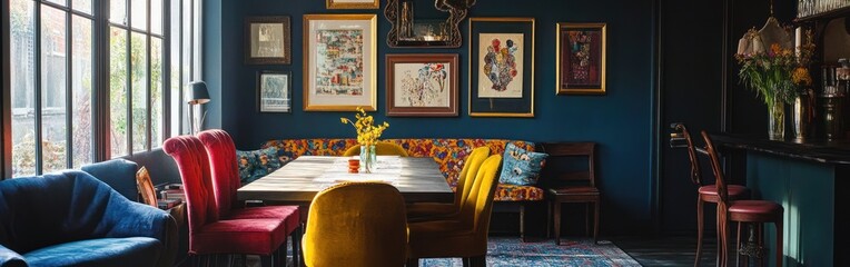 Sticker - A cozy dining area featuring colorful chairs, artwork, and a bar, perfect for social gatherings.