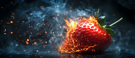 Wall Mural - a vibrant strawberry bursting with flames, creating a stunning visual contrast with smoke and sparks