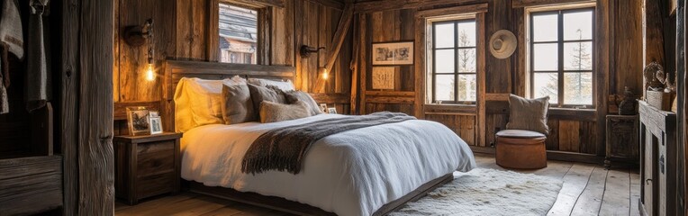 Poster - Cozy wooden bedroom with a warm atmosphere and natural light.