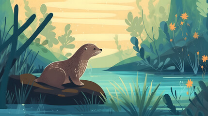 Wall Mural - Otter in nature Illustration vector