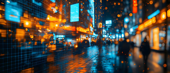 Wall Mural - A vibrant city scene at night with glowing lights reflecting on wet pavement, creating a dynamic urban atmosphere.