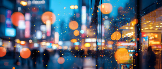 Wall Mural - A vibrant city scene featuring blurred lights and reflections on a rainy window, evoking a sense of urban nightlife.