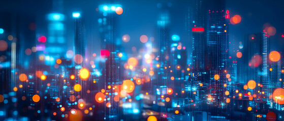 Wall Mural - A vibrant city skyline illuminated by colorful lights at night, creating a mesmerizing and dynamic urban atmosphere.