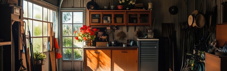 Canvas Print - Cozy garage interior with plants, tools, and sunlight filtering through windows.