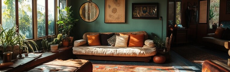 Wall Mural - Cozy living room filled with plants, warm colors, and natural light.