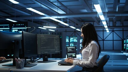 Data center network engineer designing, implementing and managing infrastructure to ensure optimal performance and reliability. IT expert in server room coding on computer, camera B
