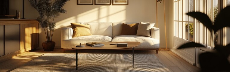 Canvas Print - A cozy living room with a light sofa, coffee table, and plants, bathed in warm sunlight.