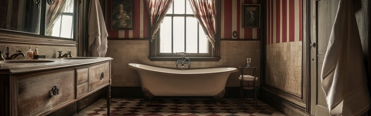 Canvas Print - Elegant vintage bathroom featuring a freestanding tub, wooden vanity, and striped wallpaper.