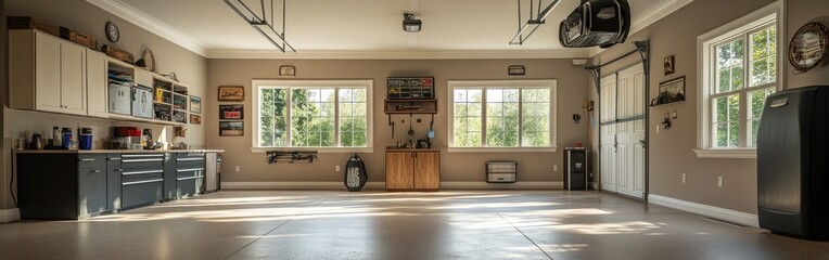 Wall Mural - A spacious, organized garage with tools, windows, and storage for various projects.