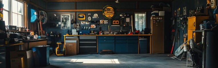 Poster - A well-organized workshop with tools, equipment, and a workbench for various projects.