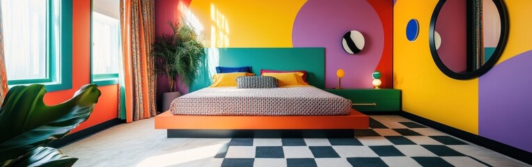 Poster - A vibrant bedroom featuring colorful walls, modern furniture, and a playful design.