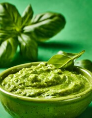 Wall Mural - A vibrant bowl of fresh green basil pesto, perfectly complemented by a large basil leaf, set against a green background. This appetizing and healthy sauce is ideal for use in Italian cooking, food