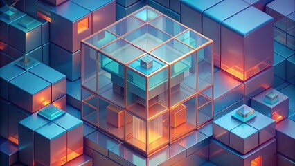 Wall Mural - A Glass Cube Structure Surrounded by Metallic Cubes