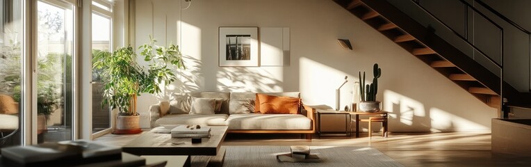 Wall Mural - A cozy living room with natural light, plants, and modern furniture.