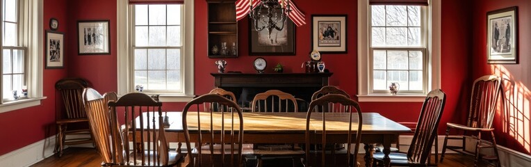 Canvas Print - A cozy dining room with a wooden table, chairs, and vintage photographs on red walls.