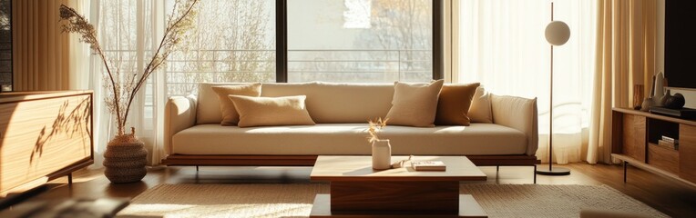 Sticker - A minimalist living room with natural light, featuring a sofa, coffee table, and decor.