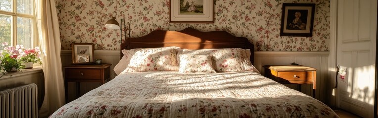 Sticker - A cozy bedroom with floral decor, soft lighting, and a welcoming atmosphere.