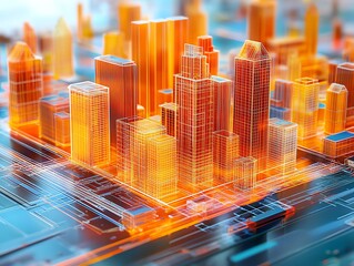 Wall Mural - 3d model of a city with orange glowing buildings and a blue, detailed background.