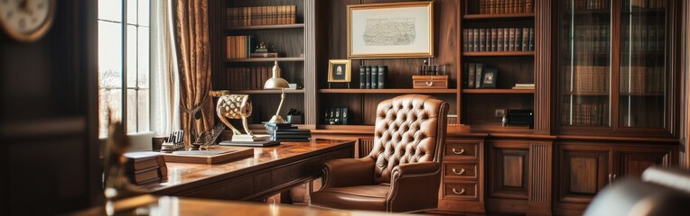 Wall Mural - A sophisticated office space with wooden furniture and bookshelves, ideal for work or study.