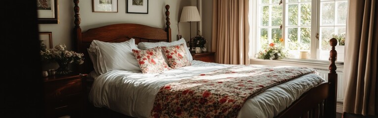 Sticker - A cozy bedroom with floral decor, natural light, and a warm, inviting atmosphere.