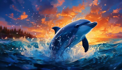 Wall Mural - A dolphin gracefully leaps out of the ocean waves during a stunning sunset, the vibrant colors of the sky reflecting on the water. The scene captures the beauty and freedom of marine life in a dynamic