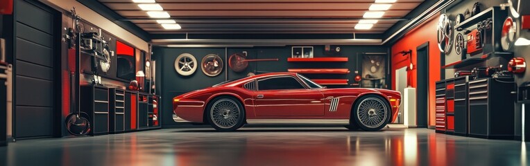 Wall Mural - A sleek red sports car in a modern garage filled with tools and equipment.