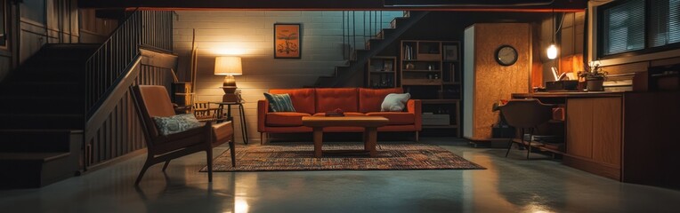 Wall Mural - A cozy living room with retro furniture and warm lighting, ideal for relaxation and socializing.