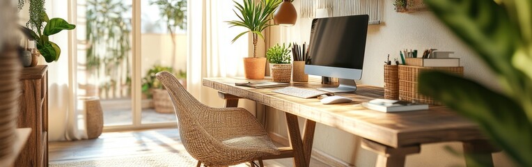 Wall Mural - A cozy home office featuring a wooden desk, computer, and plants in a sunlit space.