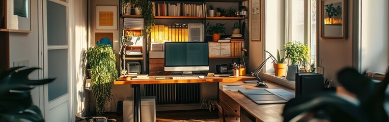 Poster - A cozy home office with plants, a desk, and a computer, promoting productivity and comfort.