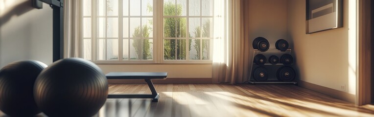 Poster - A bright, minimalistic gym space featuring exercise balls and weights for fitness activities.