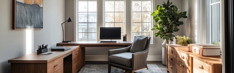 Sticker - A modern home office featuring a desk, chair, and plants, designed for productivity.