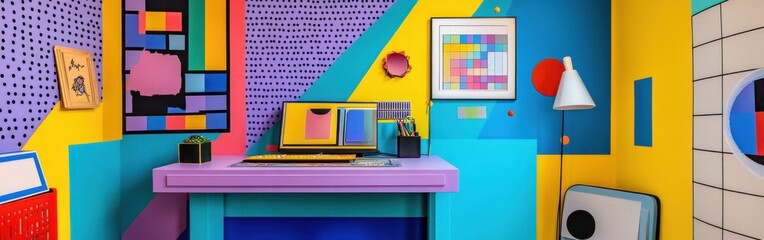 Canvas Print - A vibrant workspace featuring colorful walls and modern decor, ideal for creativity and productivity.