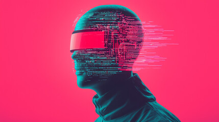 Sticker - A person wearing futuristic goggles with glowing blue and pink digital code on their head against a bright pink background.