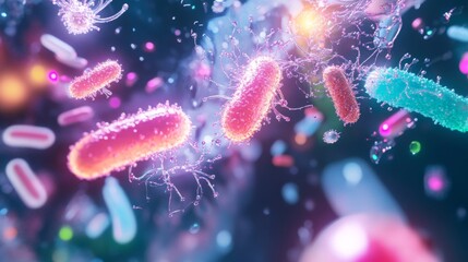 Fototapete - A vibrant array of bacteria and microorganisms is displayed under a microscope, showcasing their intricate shapes and colors against a dark background, highlighting the beauty of tiny life forms.
